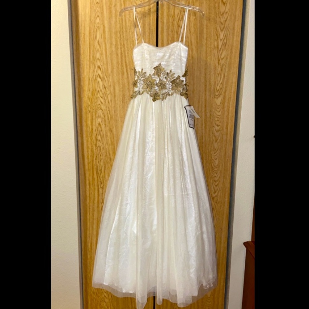 B. Darlin White and Gold Accent Strapless Dress